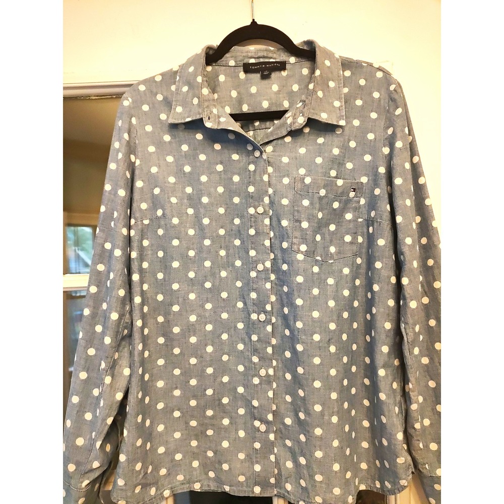 Tommy Hilfiger Women's L Blue White Polka Dot Collared Long Sleeve Button-Up